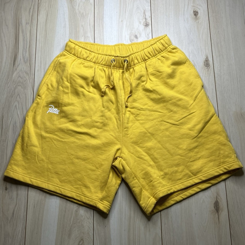 PATTA Sweat Shorts Logo Yellow Cotton Mens Size Large Drawstring Zip Pocket